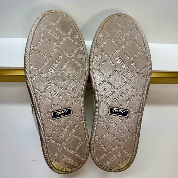 Igi & Co White Woven Leather Platform Sneakers Zip Side Gold Accents Sz Womens 7 - Picture 9 of 16